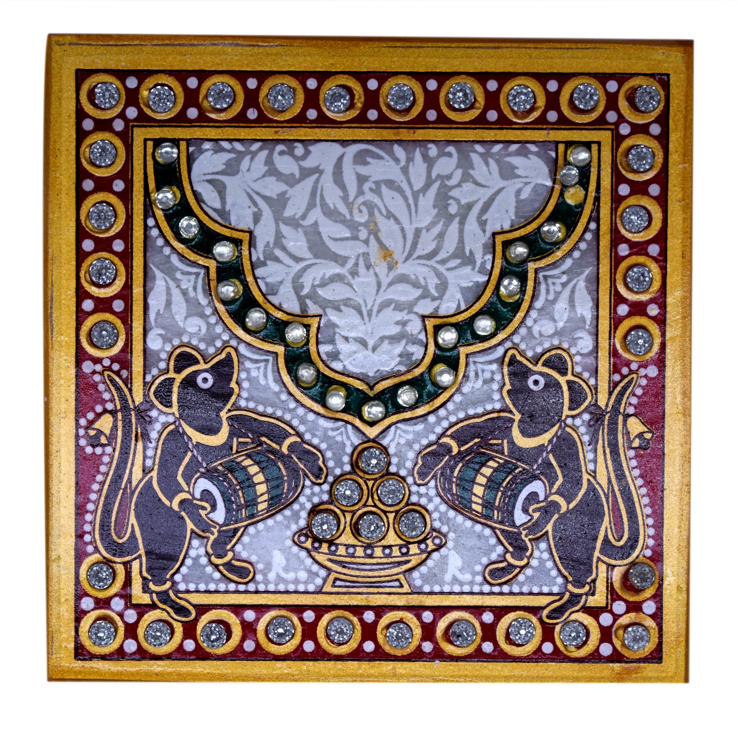 KAVACHI Fusion Marble Intricate Floral Painted Chowki for Pooja with Lord Ganesha Idol for Home Office Temple Decor | Diwali Special Bajot | Ganesh Chouki (Dholak Chuha)