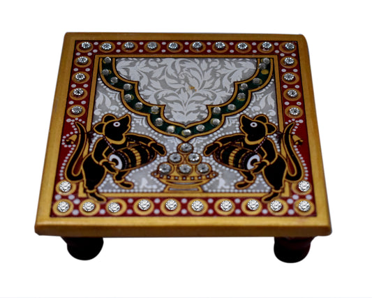 KAVACHI Fusion Marble Intricate Floral Painted Chowki for Pooja with Lord Ganesha Idol for Home Office Temple Decor | Diwali Special Bajot | Ganesh Chouki (Dholak Chuha)