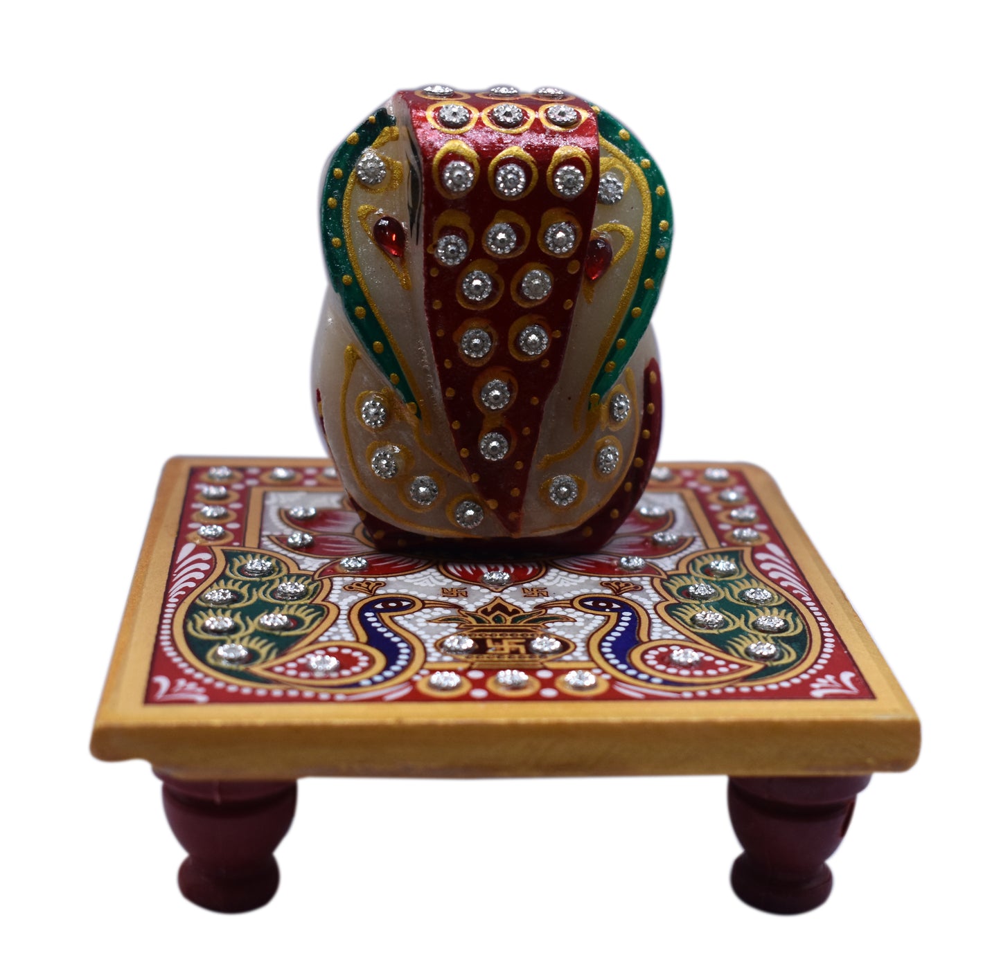KAVACHI Fusion Marble Intricate Floral Painted Chowki for Pooja with Lord Ganesha Idol for Home Office Temple Decor | Diwali Special Bajot | Ganesh Chouki (Dholak Chuha)