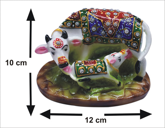 KAVACHI Fusion Cow with Calf Decorative Marble Dust Polyresin Statue Figurines Spiritual Vastu Nandi Pooja Kamdhenu Scrulpture (Multicolor, Size- 10x12 cm) |Home Decor Show Piece