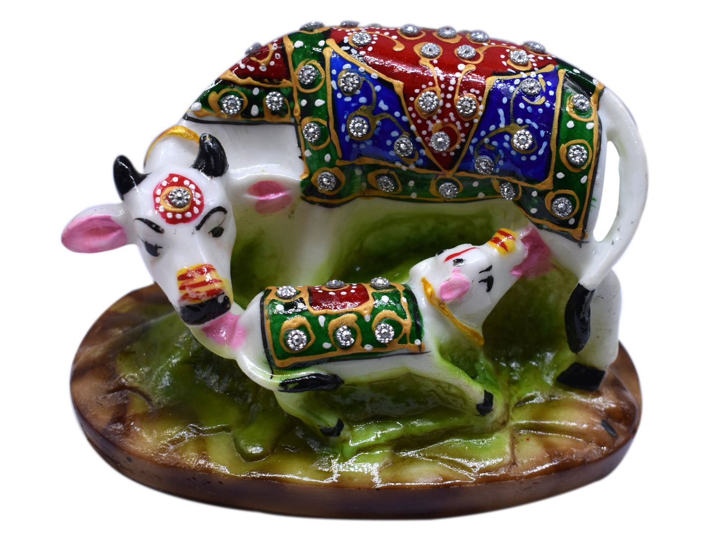 KAVACHI Fusion Cow with Calf Decorative Marble Dust Polyresin Statue Figurines Spiritual Vastu Nandi Pooja Kamdhenu Scrulpture (Multicolor, Size- 10x12 cm) |Home Decor Show Piece