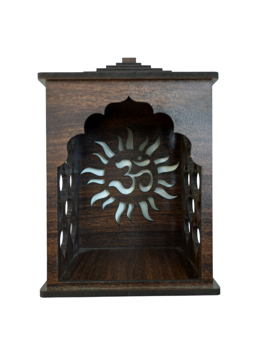 Handcrafted Small Wooden Temple for Home and Car Décor with Lord Ganesh Idol in Woodgrain Finish.